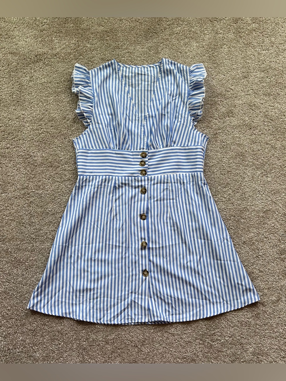 Women’s Cupshe Blue White Striped Flutter Sleeve Button Front Mini Dress Size XL